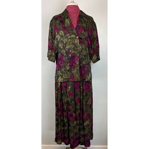 Jim Heilman Vintage 100%‎ Silk 2 Piece Floral Skirt 12 Set Olive Purple Pleated